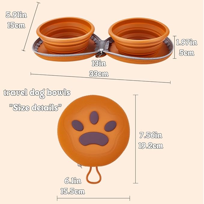 Bear Paw Foldable Pet Bowl, Dual Bowl Design for Food and Water,6.1in，Pink,Orange and Beige (Pink)