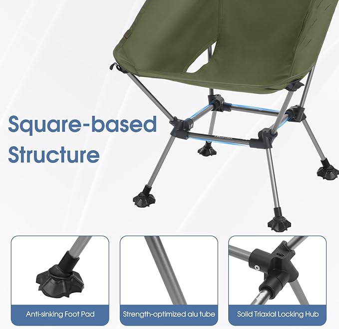 MOON LENCE High Back Folding Camping Chairs, Height-Adjustable, Widened Seat, for Beach with Anti-Sinking Feet (Green-Plus)