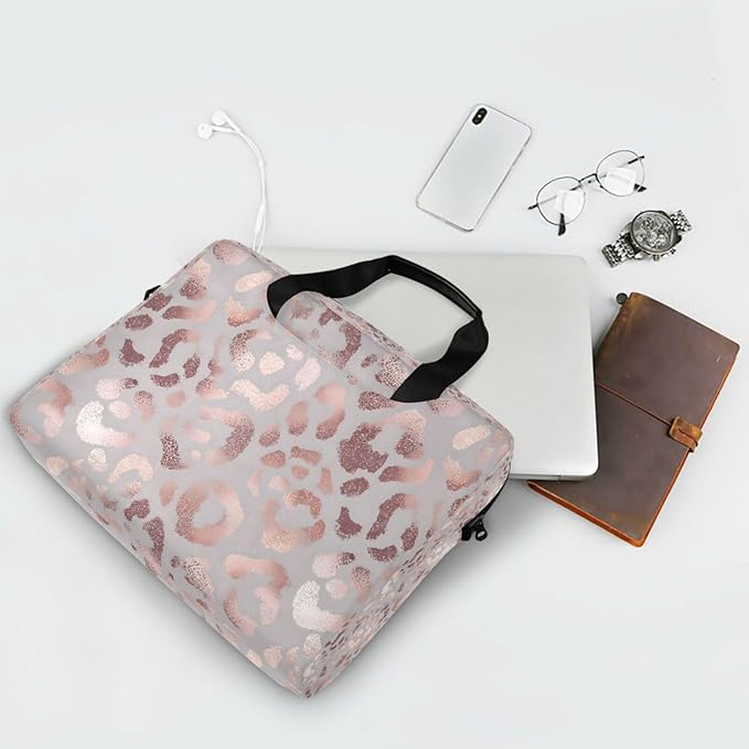 Rose Gold Leopard Print Pink Laptop Messenger Bag Case Sleeve Crossbody Briefcase for Men Women with Shoulder Strap Handle 13 14 15.6 inch
