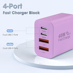 USB C Charger Block, 2 Pack 40W 4-Port iPhone Charger Fast Charging Multiport PD 3.0 & QC 4.0 Double Quick Charge, Compatible with iPhone 17/16/15/14/13/12/11，Pro Max，iPad, Samsung (2, Purple)