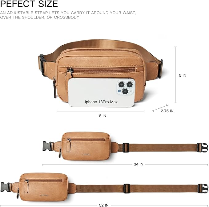 LATMAP 2L Fanny Packs Everywhere Belt Bag Small Fashion Crossbody Waist Pack Faux Leather Waterproof Sling Chest Bag For Women Tan
