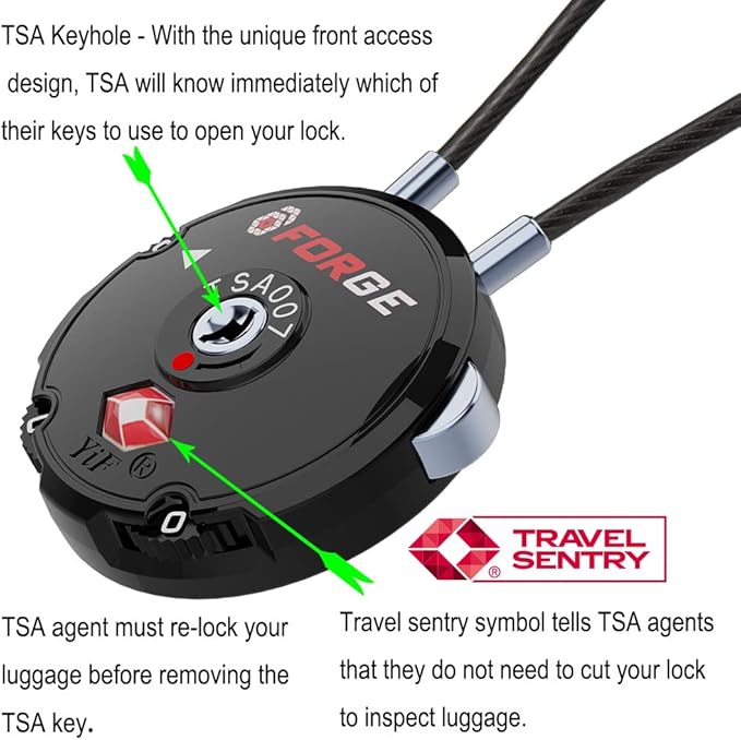 Forge Quality TSA Approved Luggage Locks for Travel Accessories, Suitcase, Pelican case, Ammo Boxes, Set Your own Combination, Zinc Alloy Body-Cable Black 4 Locks
