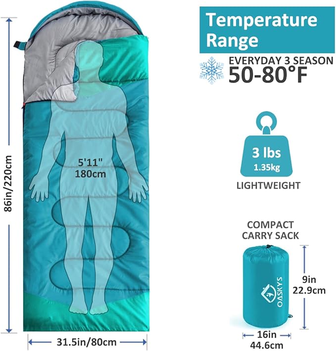oaskys Camping Sleeping Bag - 3 Season Warm & Cool Weather - Summer Spring Fall Lightweight Waterproof for Adults Kids - Camping Gear Equipment, Traveling, and Outdoors