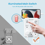 USB Wall Outlet Extender with On Off Switch, Surge Protector Outlet,6 AC Multi-Plug with 3 USB Ports (1 USB C), 490 Joules, Flat Socket Splitter with Spaced Outlet for Home, Office, College
