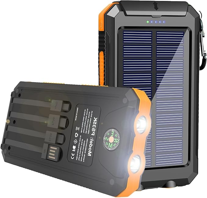 Solar Charger Power Bank 20000mAh Portable Charger with 4 Built-in Cables and USB-C in/Output, Dual Emergency Flashlights, Waterproof Outdoor Battery Pack for Camping, Hiking, Travel, and Storm Prep