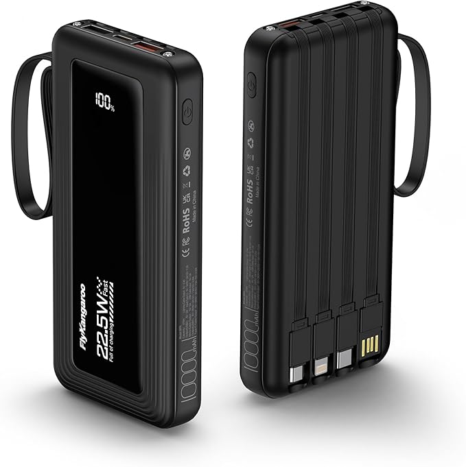 Portable Charger with Built in Cables, Slim 10000mAh Fast Charging 22.5W Power Bank USB C LED Display Battery Pack 6 Outputs & 2 Inputs for iPhone Samsung Pixel LG Moto iPad