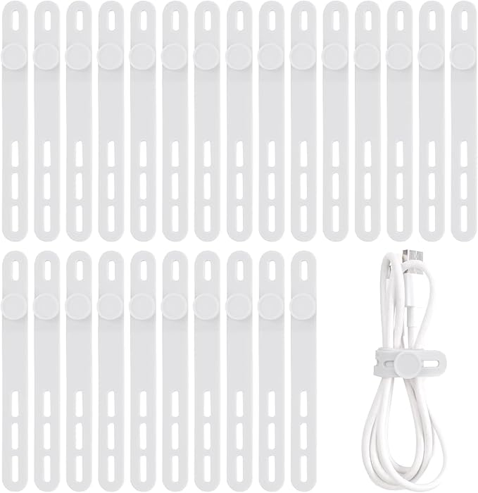 Oligei 25 Pcs Silicone Cable Ties, Cable Ties Reusable, High Elasticity Cord Wraps for Electrical Cords, Cord Organizer for Earphone, Phone Charger(White)
