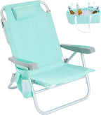 SUNNYFEEL Low Beach Chair, 5-Position Lay Flat Reclining, Backpack Portable Folding Chair with Cooler Bag & Cup Holder, Heavy Duty 350 LBS, Compact for Beach, Camping, Travel