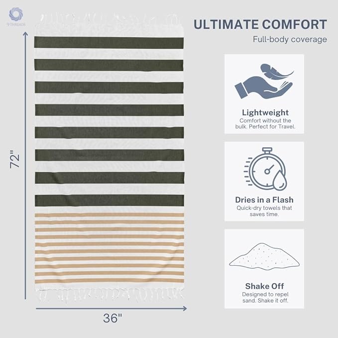 Cotton Turkish Beach Towel with Towels Oversized 36"x72" Pool Absorbent Extra Large Quick Dry Sand Travel Towel (Sage & Sand, 2 Pack)