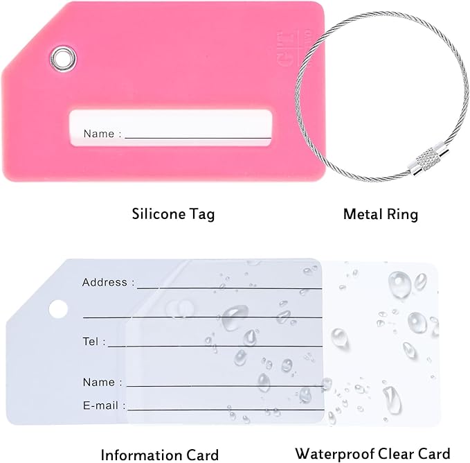 5 Pack Silicone Luggage Tag for Suitcases with Stainless Loop, TSA Approved, Privacy Protection Travel Essentials Bag Tags by Gostwo, Pink