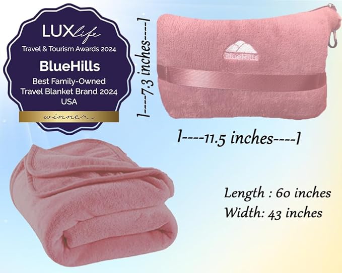 BlueHills Premium Soft Mini Plush Travel Blanket Value Pack Set of 2 - Airplane Travel Essential Flight Blanket Throw in a case with Strap Compact for Car Plane Travel Gift –Pink and Teal Blue.