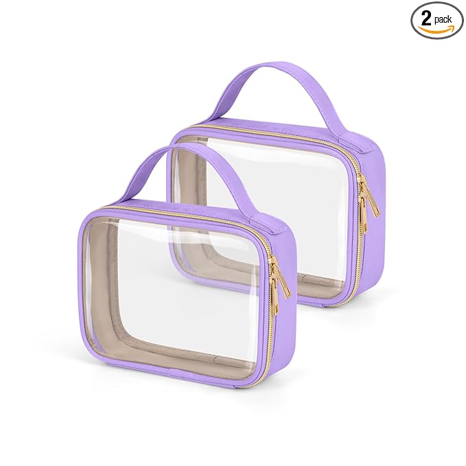 Wedama TSA Approved Toiletry Bag, 2 Pack Clear Makeup Bags with Handles, Quart Size PVC Clear Cosmetic Bags for Women and Men, Carry on Airport Airline Compliant Bag, Purple