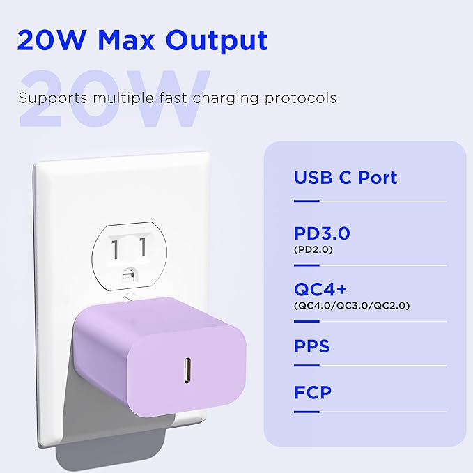 iPhone 17 16 15 Charger Fast Charging,2Pack 20W Apple iPad USB C Wall Chrager Block with 6FT USB C to C Cable for iPhone 17/Pro/Pro Max/17 Air/ 16/16 Pro/16 Pro Max/15/Plus/Pro/Pro Max (Purple)