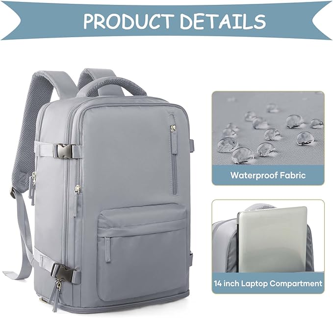 WONHOX Large Travel Backpack Women, Carry On Backpack,Hiking Backpack Waterproof Outdoor Sports Rucksack Casual Daypack with USB Charging Port Shoes Compartment, Grey