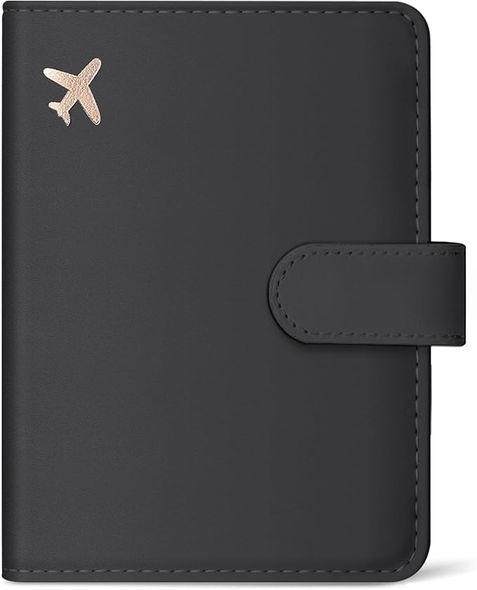 Passport Holder for Travel Essentials, RFID Blocking Leather Cover Wallet with Magnetic Closure, Aesthetic & Cute Passport Book Case for Women and Men - Black