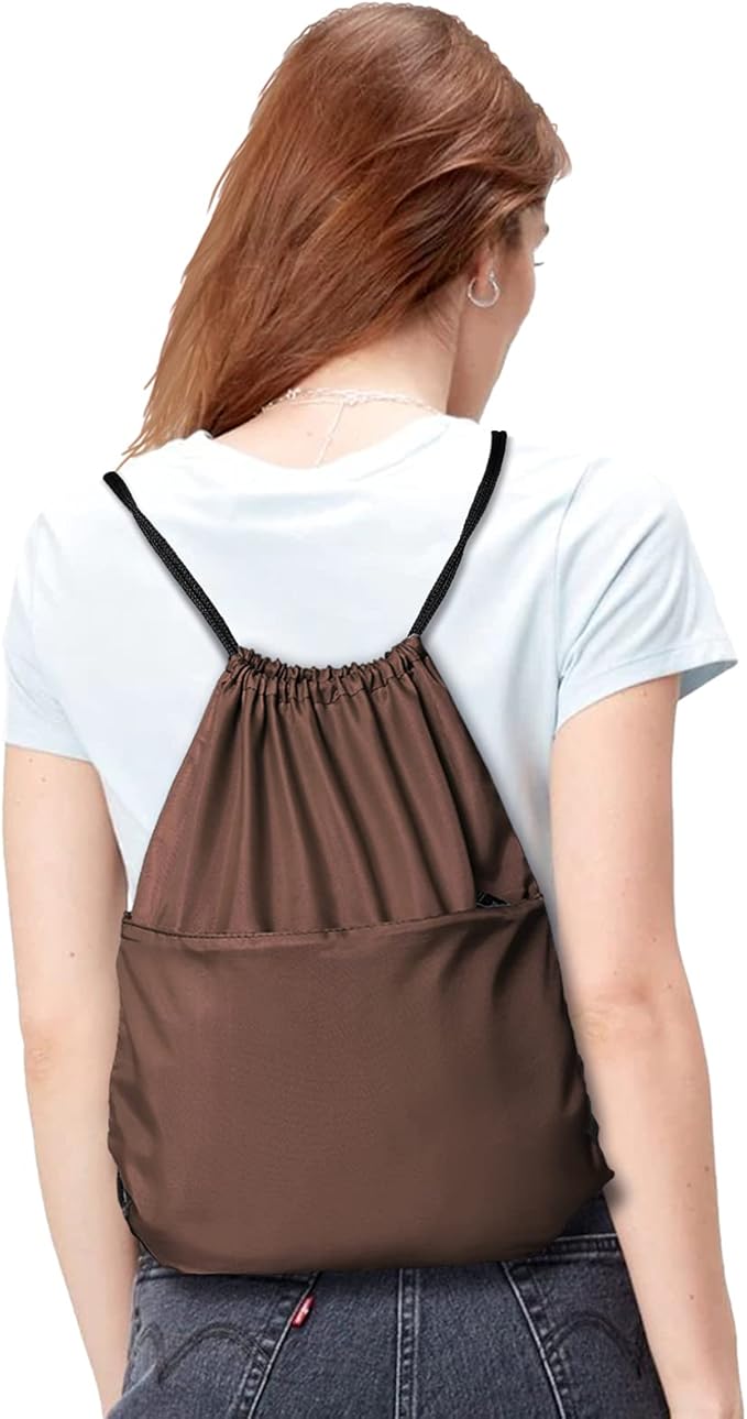 Drawstring Backpack Sports Water Resistant String Bag Sport Gym Sackpack for Women Men Students Large Size with Zipper, Brown