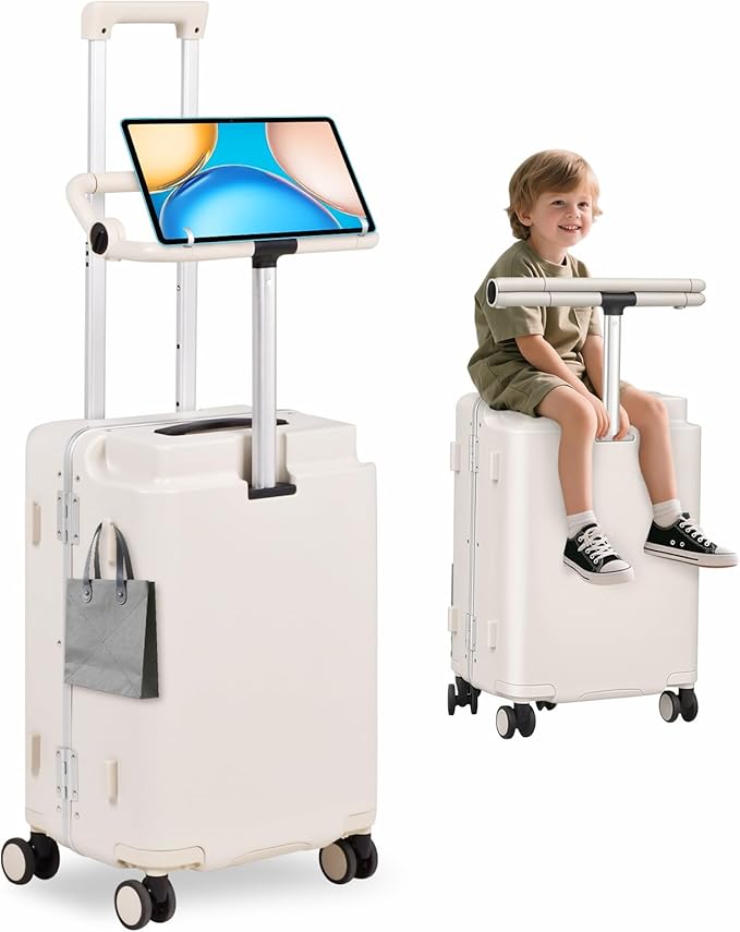 smilesun 20" Adjustable Fence Luggage with Seat, Carry On Suitcase for Kids & Adults, 200lbs Support, 360° Silent Wheels with TSA Lock, Tablet & Cup Holder(White)