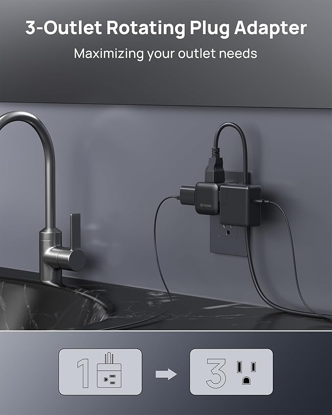 TROND Multi Plug Outlet Extender 2 Pack, 3 Way Outlet Splitter with 360 Rotating Plug, Turn One into Multiple Sideways Adapter, A Black Charging Station for Home Office with Dark Wall Decor