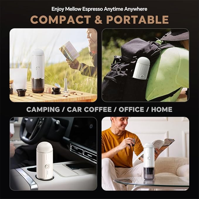 Portable Electric Espresso Machine, Travel Coffee Maker for Camping, On the Go Car Coffee Maker Self-Heating with USB-C, With Ground Coffee & N Espresso Capsule for RV/Hiking/Office, White