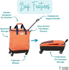 Handy Sandy Haul-It Foldable Rolling Tote – Patented Heavy-Duty Utility Bag with 8 Spinner Wheels, – Reusable Grocery Cart, Laundry Carrier, Travel Tote, Commuter Bag for Shopping & More- Orange