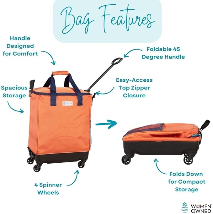 Handy Sandy Haul-It Foldable Rolling Tote – Patented Heavy-Duty Utility Bag with 8 Spinner Wheels, – Reusable Grocery Cart, Laundry Carrier, Travel Tote, Commuter Bag for Shopping & More- Orange