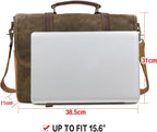 Mens Messenger Bag 15.6 Inch Waterproof Vintage Genuine Leather Waxed Canvas Briefcase Large Leather Computer Laptop Bag Rugged Satchel Shoulder Bag, Coffee