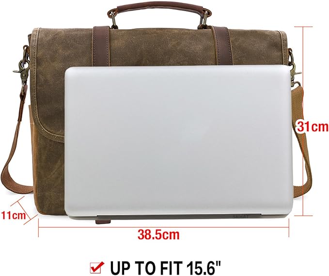 Mens Messenger Bag 15.6 Inch Waterproof Vintage Genuine Leather Waxed Canvas Briefcase Large Leather Computer Laptop Bag Rugged Satchel Shoulder Bag, Coffee
