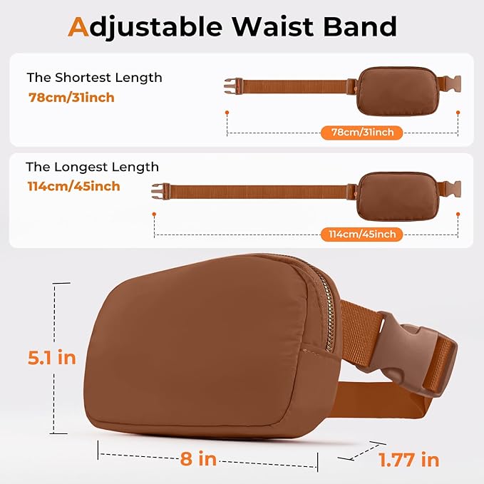 Belt Bag Zipper Fanny Pack Crossbody Bags for Women,Fashion Nylon Waist Packs, Water Repellent Two Way wear with Adjustable Strap Gifts for Teenage Girls Women Men(Brown)