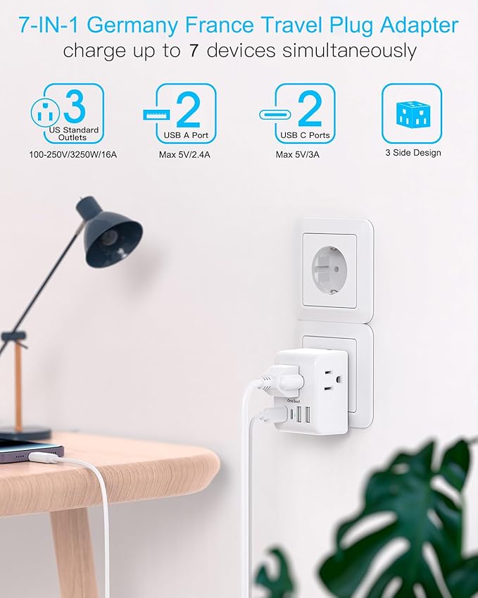 2 Pack Germany France Travel Plug Adapter, Type E/F Power Plug Adapter with 3 Outlets 4 USB Charging Ports(2 USB C), Travel Essentials US to Europe France Germany South Korea Netherlands Spain