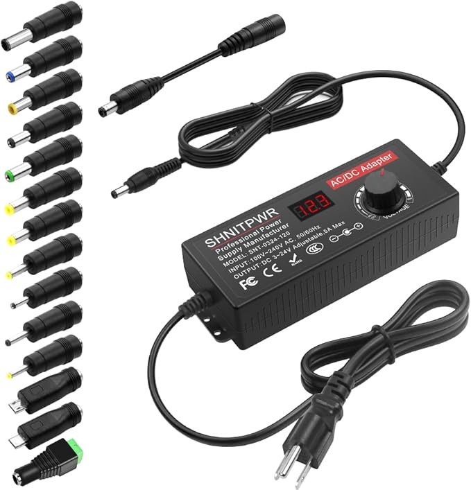 SHNITPWR AC Adapter 120W Universal Power Adapter 4V 5V 6V 9V 12V 15V 18V 19V 20V 24V Adjustable Switching Power Supply 100V~240V AC to DC 4V ~ 24V 5A Converter with 14 Tips & Polarity Converter
