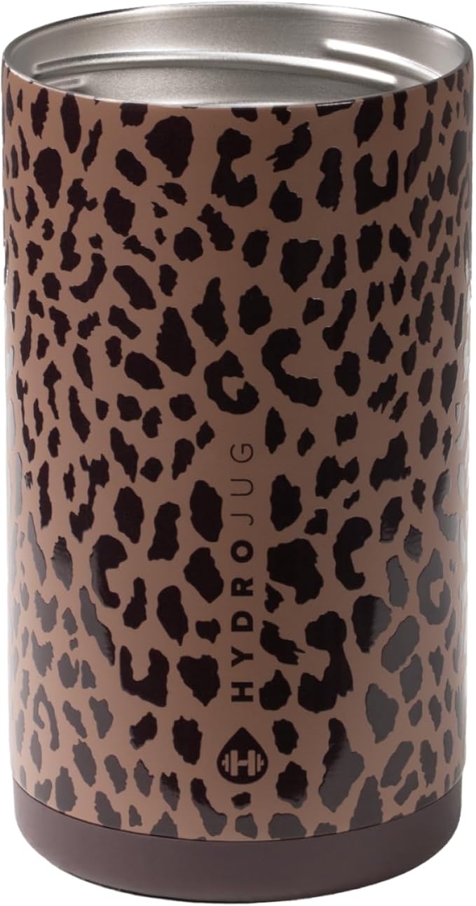 HydroJug Standard Can Cooler - 2-in-1 Insulated Can Cooler Cup - Stainless Steel Can Holder with Non-Slip Rubber Base - Screw-Top Lid - Dishwasher Safe - 16oz, Brown Leopard