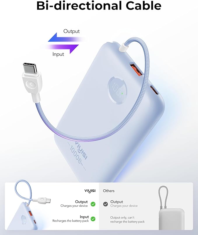 VIYISI Slim Portable Charger Power Bank 10000mAh, PD 20W Fast Charging Compact Battery Pack with Built-in USB C Cable, Travel Essential Compatible with iPhone 17 16 15, Samsung, Android - Blue