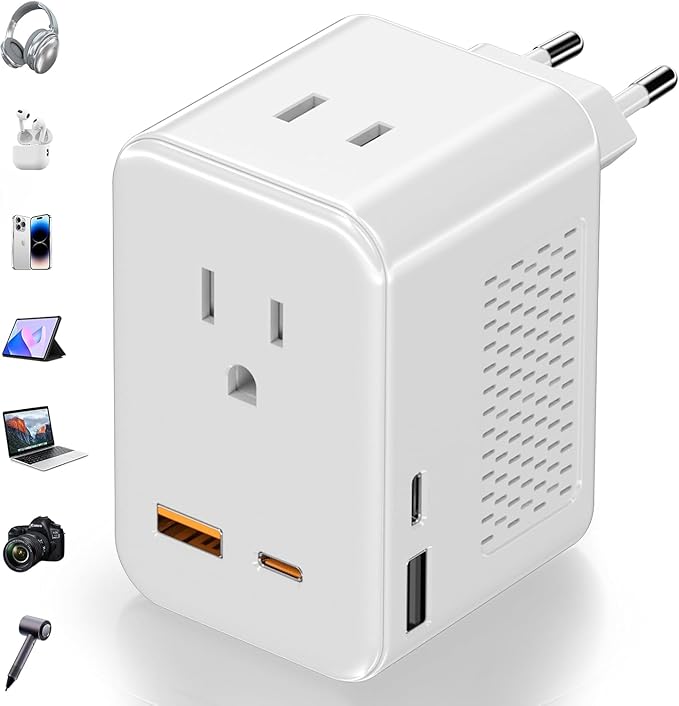220V to 110V Voltage Converter US to Europe, Travel Adapter Plug Converter for European with 20W PD & 2USB-A & 2USB-C, European Power Converter Combo USA to Spain Italy France, White