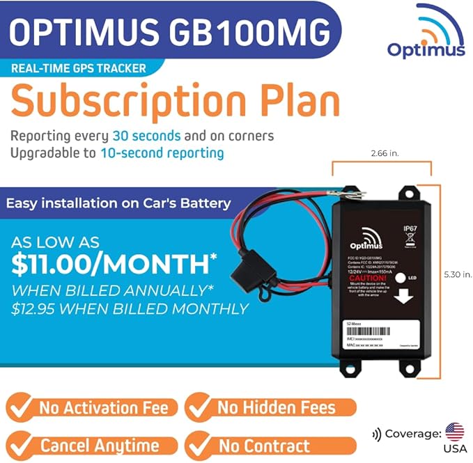 Optimus Wired GPS Tracker for Vehicles - Easy Installation on Car's Battery - Low Cost Subscription Plan Options