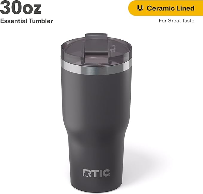 RTIC 30oz Essential Tumbler with Lid, Ceramic Lined, Insulated, Stainless Steel, Metal, Double Wall Vacuum-Insulation, Travel Cup for Iced Coffee, Tea, Hot and Cold Drink, Graphite