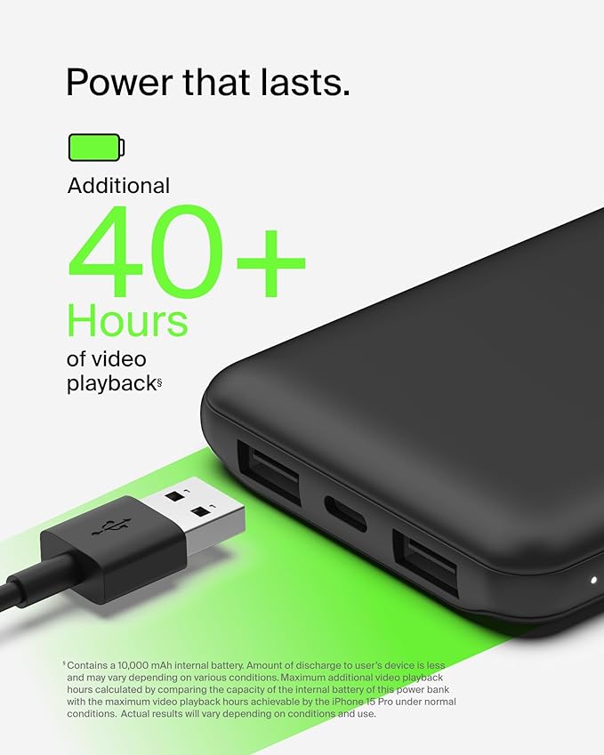Belkin Portable Charger - 15W 3 Port Power Bank Battery Pack with 10000mAh Battery - Fast Charging for iPhone, Samsung Phone, More - USB C to A Cable Included