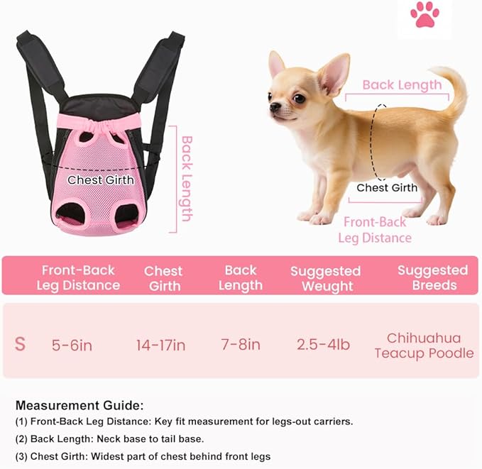 Inspack Dog Backpack Carrier/Cat Carrier, Adjustable Pet Front Carriers Travel Bag for Puppy Medium Dogs, Legs Out, Soft Ventilated Doggie Chest Carry Backpacks for Hiking/Camping, 2.5-4 lbs, Pink