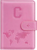 Passport Holder Cover Initail Letter A-Z Travel Wallet Embossed Design RFID Blocking Card Holder Personalized Gift Passport Cover Wallet, Passport Book Holders for Women and Girls, Pink-C