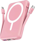 podoru for Magsafe Battery Pack, 10000mAh Magnetic Power Bank Built-in Double USB C Cables 20W PD Fast Charging LED Display Wireless Portable Charger for iPhone 17/16/15/14/13/12 Series-Pink