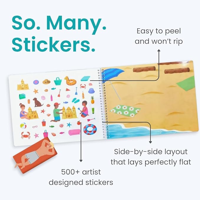 Beach Day 500+ Kids Sticker Book by Cupkin Fun Toddler Travel Activity Coloring and Sticker Book, Road Trip Essentials, 12 Coloring Pages 12 Side by Side Scenes for Ages 2–8 Years