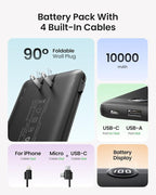 Portable Charger with Wall Plug, Slim USB C Power Bank with Built-in Cables, 10000mah LED Display External Battery Pack Compatible with iPhone/Android & More (Black)