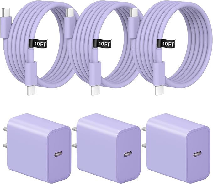 iPhone Charger Fast Charging 10FT iPhones 17 16 15 Charger 3 Pack Type C Chargers USB C Chargerwith iPhone Air 17/17 Plus/17 Pro/17 Pro Max/16/16 Plus/16 Pro/16 Pro Max(Purple)