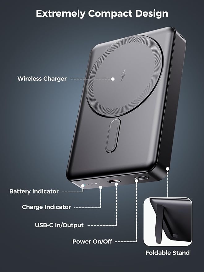 for Magsafe Portable Charger - 10000mah Wireless Magnetic Power Bank with Stand,PD 20W Fast Charging External Battery Pack Travel/Camping Essential Phone Charger for iphone 17/16/15/14/13/12 Series
