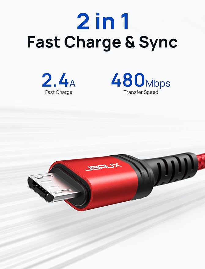 JSAUX Micro USB Charger Cable, (3-Pack 3.3ft+6.6ft+10ft) for Android Charger Micro USB to USB A Nylon Braided Cord Compatible with Samsung Galaxy S6 S7 Edge Note 5, Kindle and More-Red