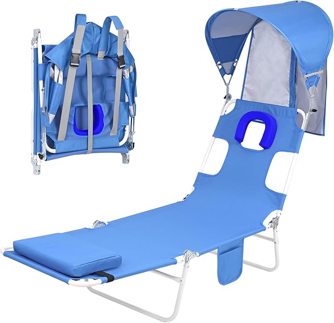 Backpack Beach Tanning Chair with Canopy and Face Hole, 6-Position Folding Lay Out Lounge Chair, UPF 50+ Wind-Resistant Sun Shade, Portable Recliner for Sunbathing, Outside, Poolside, Lawn, Patented
