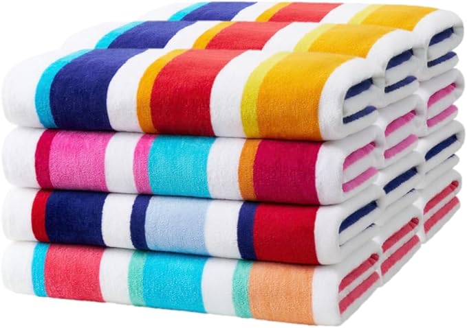 Kaufman - Joey Velour Colored Classic Multi-Color Stripe Beach & Pool Towel - Large 100% Combed Cotton Beach Towel - Soft & Absorbent Colorful Towels - 32" x 62" - 12 Pack