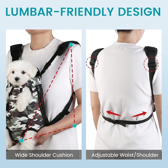 Dog Backpack Carrier, Front Pocket for Essentials, Legs Out Carrying Sling Travel Bag for Small Medium Dogs 2.5-4 Lbs, Soft Wearable Puppy Chest Carry Backpacks for Walking/Hiking/Camping/Traveling