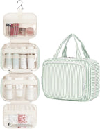 Narwey Striped Hanging Toiletry Bag for Women Travel Makeup Bag Organizer Toiletries Bag for Travel Size Essentials Accessories Cosmetics (Mint Green Stripe (Medium))