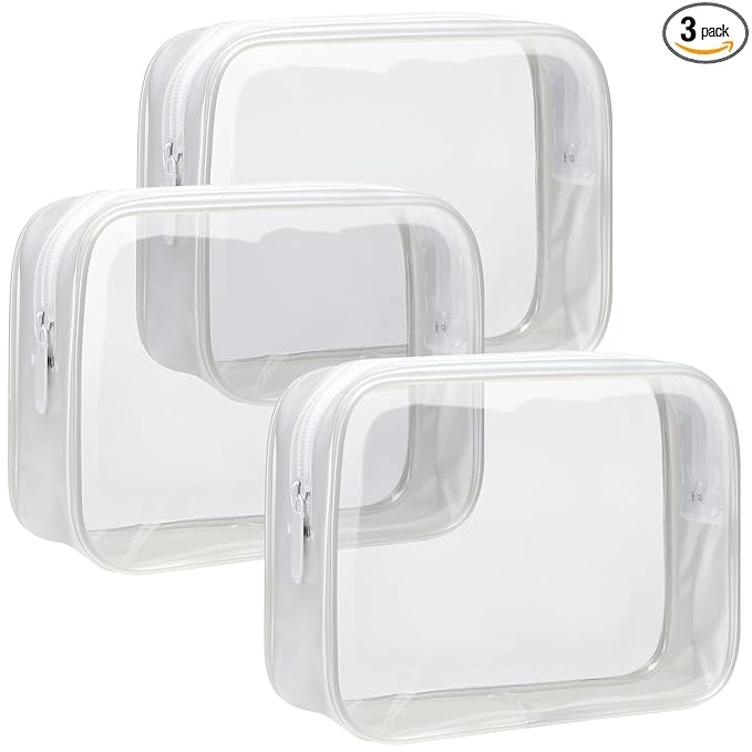 F-color TSA Approved Toiletry Bag 3 Pack Medium - Clear Makeup Bag Travel Quart Size for Women Men, Clear Cosmetic Bag Airport Airline Compliant Carry on Bag, Active White Matte