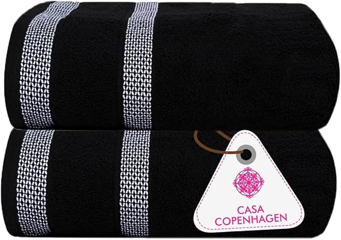 CASA COPENHAGEN Solitaire 2Pcs 100% Egyptian Cotton Large Designer Bathsheet Towels Gift Set- Black, 600GSM, 35"x70" 2Bath Sheet Towels for Bathroom Set for Women & Men